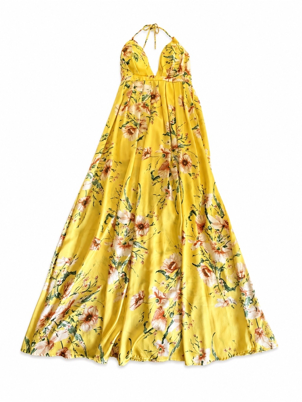 Sunlit Floral Yellow wedding guest Maxi Dress with Plunging V-Neck - Picture 2 of 10